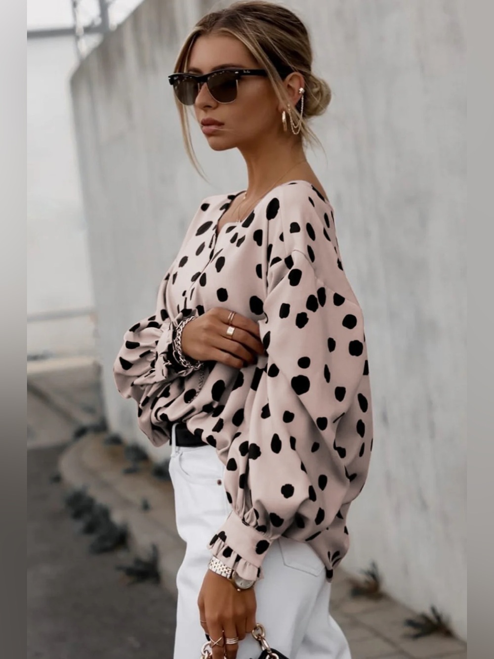 Womens Blush Pink Polka Dot V-Neck Button Blouse